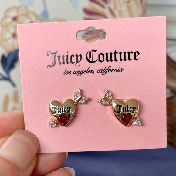 Juicy Couture Jewelry Gold Heart Pave Arrow Stud Earrings Red Rhinestones - Picture 6 of 7